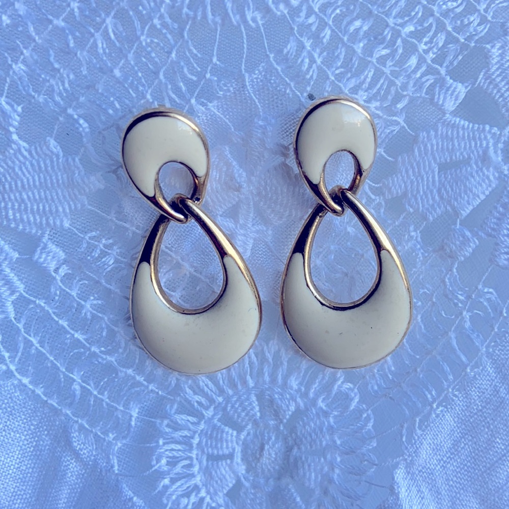 Vintage Cream Enamel Gold Earrings